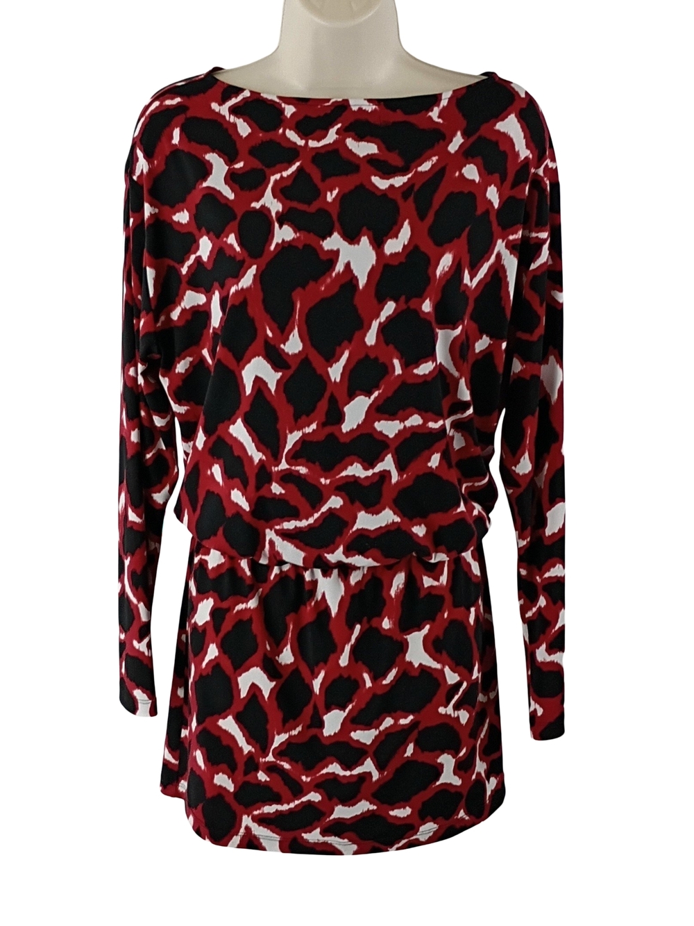 Doncaster Red Black White Abstract Print Dropped Waist Midi Dress